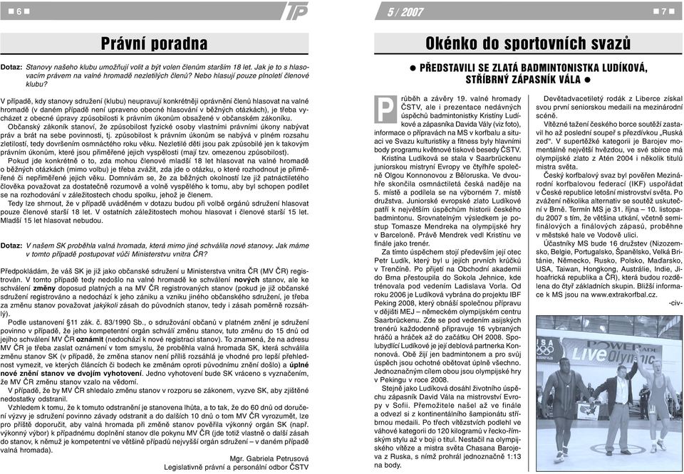 Okénko do sportovních svazù l PØEDSTAVILI SE ZLATÁ BADMINTONISTKA LUDÍKOVÁ, STØÍBRNÝ ZÁPASNÍK VÁLA l V pøípadì, kdy stanovy sdružení (klubu) neupravují konkrétnìji oprávnìní èlenù hlasovat na valné