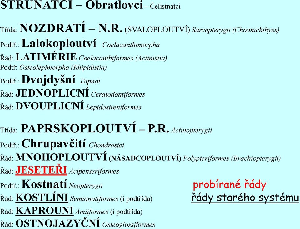 : Dvojdyšní Dipnoi Řád: JEDNOPLICNÍ Ceratodontiformes Řád: DVOUPLICNÍ Lepidosireniformes Třída: PAPRSKOPLOUTVÍ P.R. Actinopterygii Podtř.