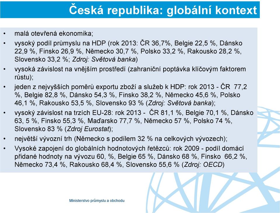 77,2 %, Belgie 82,8 %, Dánsko 54,3 %, Finsko 38,2 %, Německo 45,6 %, Polsko 46,1 %, Rakousko 53,5 %, Slovensko 93 % (Zdroj: Světová banka); vysoký závislost na trzích EU-28: rok 2013 - ČR 81,1 %,