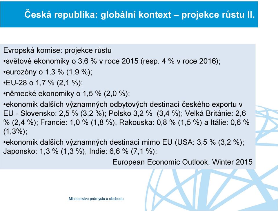 českého exportu v EU - Slovensko: 2,5 % (3,2 %); Polsko 3,2 % (3,4 %); Velká Británie: 2,6 % (2,4 %); Francie: 1,0 % (1,8 %), Rakouska: 0,8 % (1,5 %) a