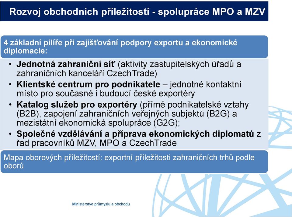 exportéry Katalog služeb pro exportéry (přímé podnikatelské vztahy (B2B), zapojení zahraničních veřejných subjektů (B2G) a mezistátní ekonomická spolupráce