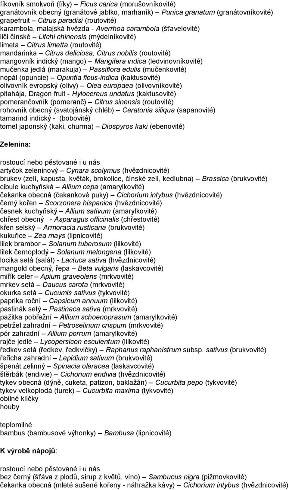 (mango) Mangifera indica (ledvinovníkovité) mučenka jedlá (marakuja) Passiflora edulis (mučenkovité) nopál (opuncie) Opuntia ficus-indica (kaktusovité) olivovník evropský (olivy) Olea europaea