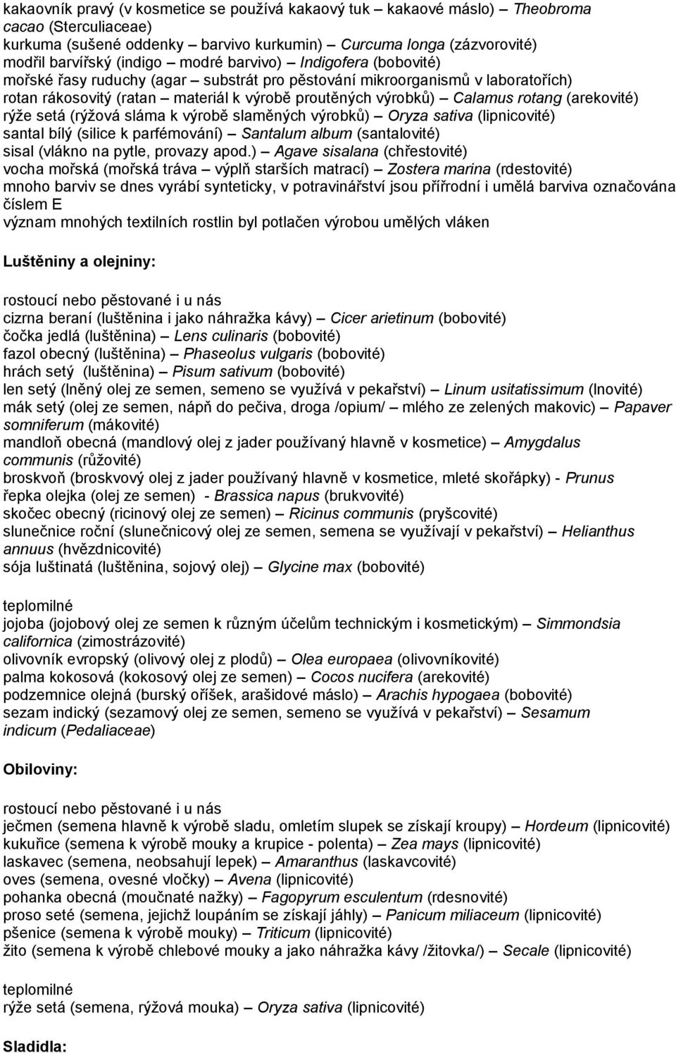 rýže setá (rýžová sláma k výrobě slaměných výrobků) Oryza sativa (lipnicovité) santal bílý (silice k parfémování) Santalum album (santalovité) sisal (vlákno na pytle, provazy apod.