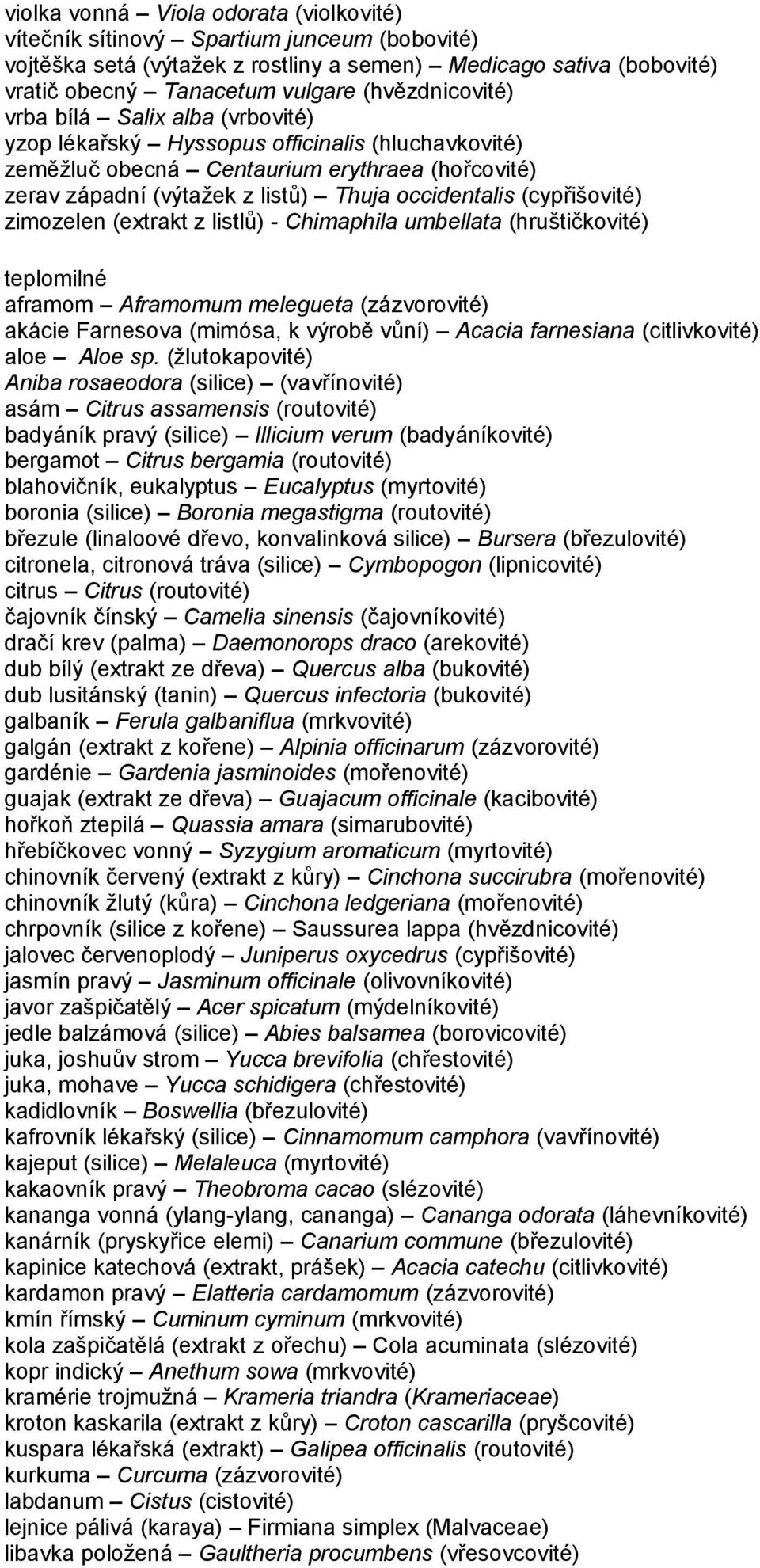 (cypřišovité) zimozelen (extrakt z listlů) - Chimaphila umbellata (hruštičkovité) aframom Aframomum melegueta (zázvorovité) akácie Farnesova (mimósa, k výrobě vůní) Acacia farnesiana (citlivkovité)