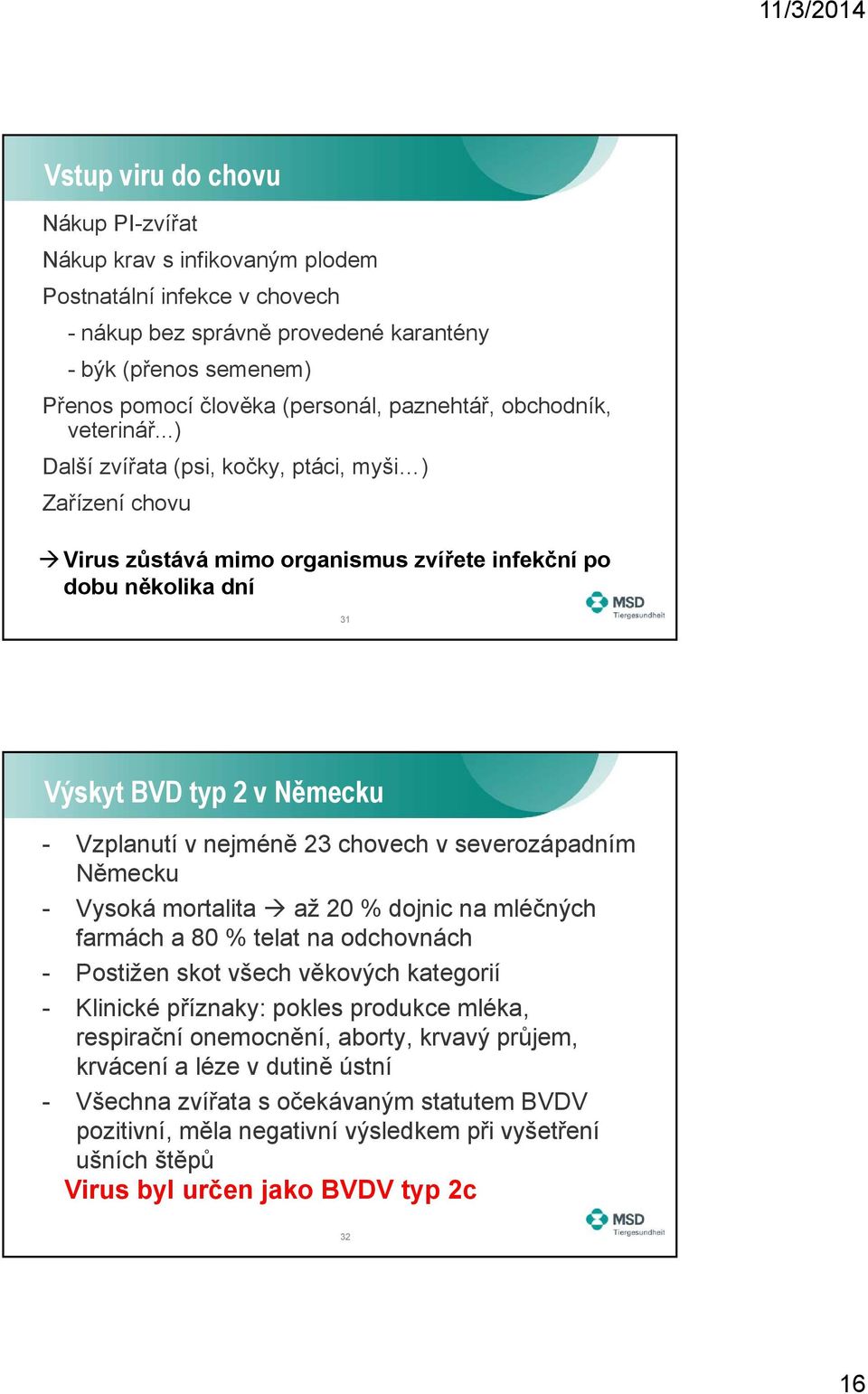 ..) Další zvířata (psi, kočky, ptáci, myši ) Zařízení chovu Virus zůstává mimo organismus zvířete infekční po dobu několika dní 31 Výskyt BVD typ 2 v Německu - Vzplanutí v nejméně 23 chovech v