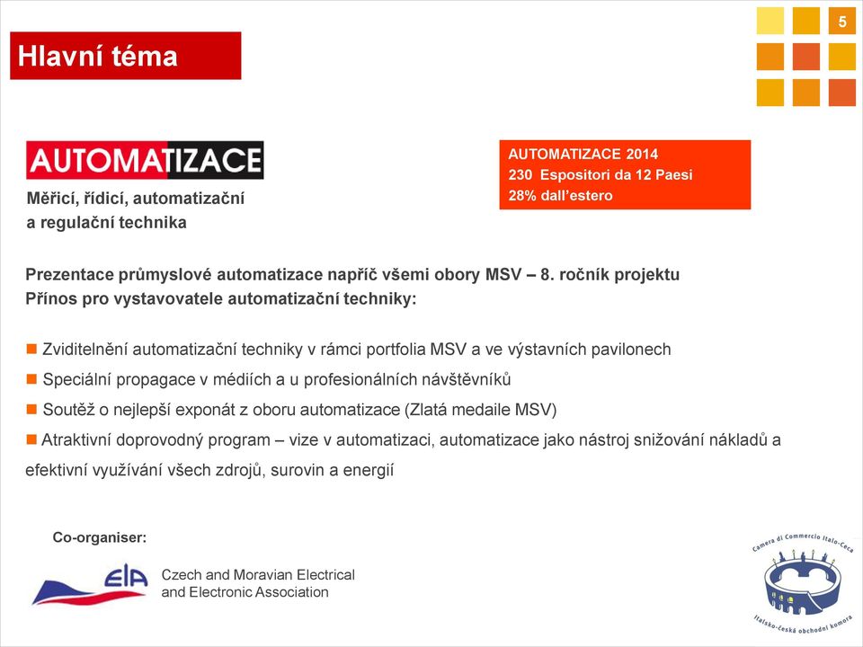 ročník projektu Přínos pro vystavovatele automatizační techniky: Zviditelnění automatizační techniky v rámci portfolia MSV a ve výstavních pavilonech Speciální propagace v