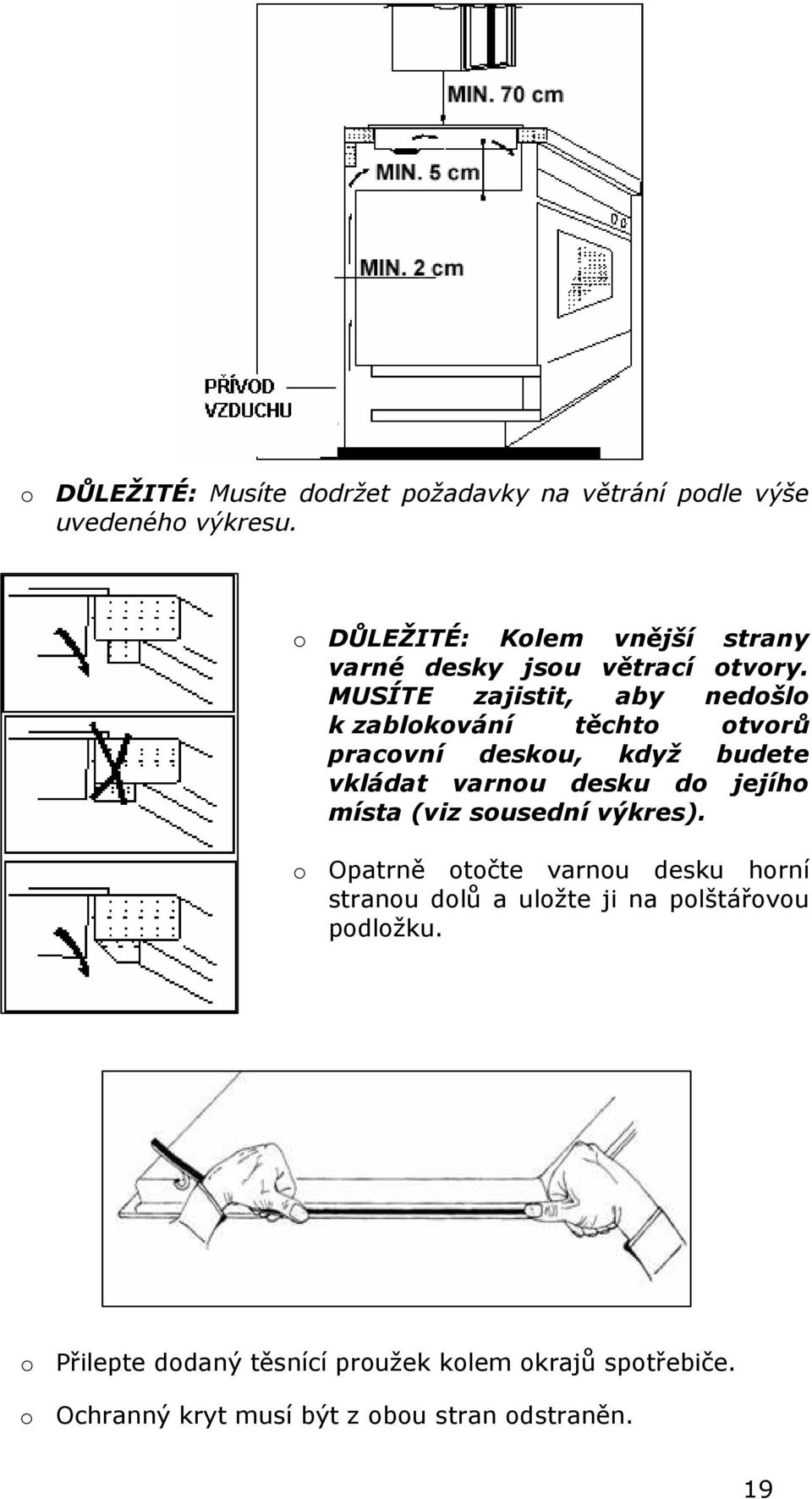 MUSÍTE zajistit, aby nedošlo k zablokování těchto otvorů pracovní deskou, když budete vkládat varnou desku do jejího