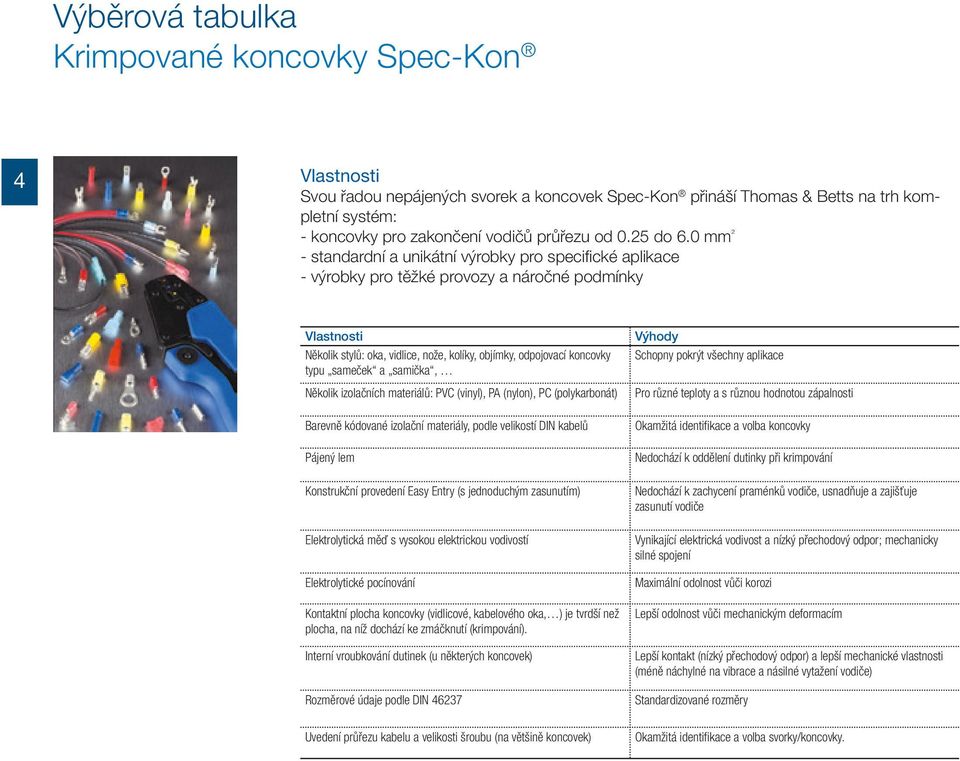 0 mm ² - standardní a unikátní výrobky pro specifické aplikace - výrobky pro těžké provozy a náročné podmínky Vlastnosti Několik stylů: oka, vidlice, nože, kolíky, objímky, odpojovací koncovky typu