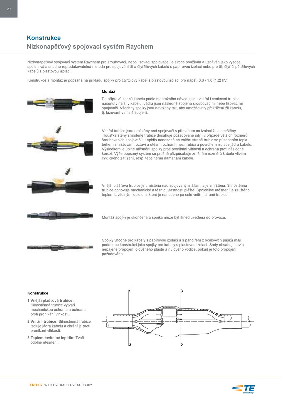 Konstrukce a montáž je popsána na příkladu spojky pro čtyřžilový kabel s plastovou izolací pro napětí 0,6 / 1,0 (1,2) kv.
