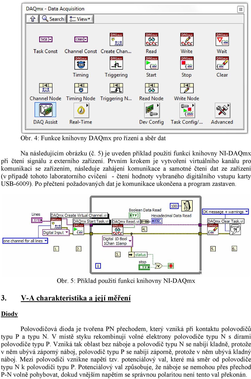 vybraného digitálního vstupu karty USB-6009). Po přečtení požadovaných dat je komunikace ukončena a program zastaven. Obr. 5: Příklad použití funkcí knihovny NI-DAQmx 3.