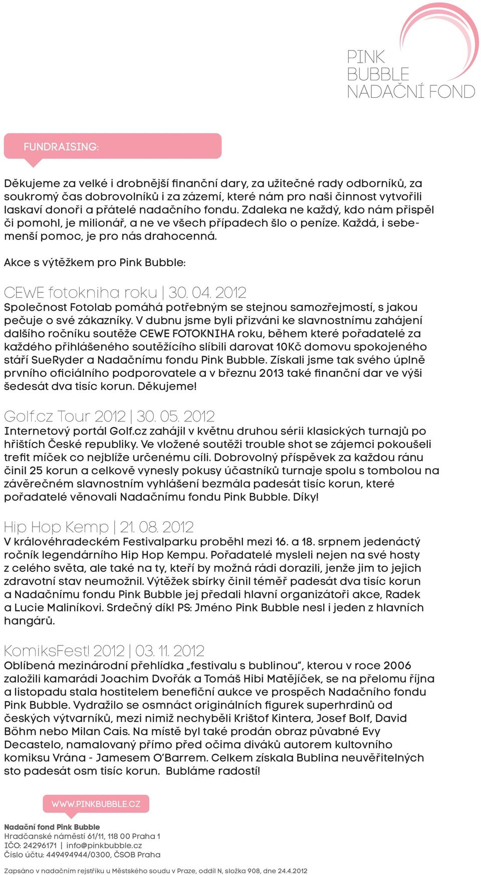Akce s výtěžkem pro Pink Bubble: CEWE fotokniha roku 3. 4. 212 Společnost Fotolab pomáhá potřebným se stejnou samozřejmostí, s jakou pečuje o své zákazníky.