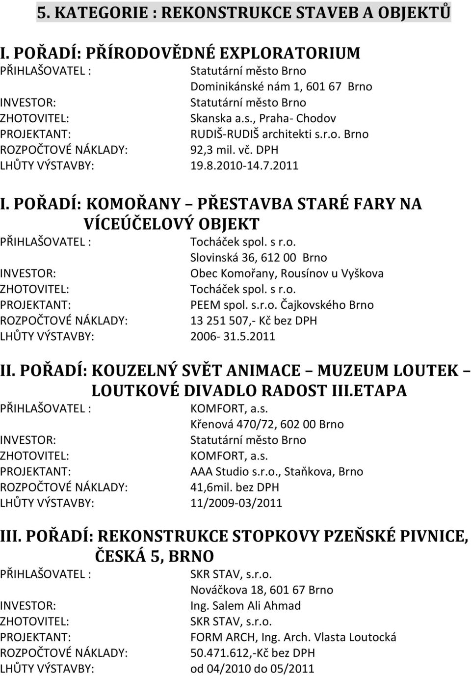 s.r.o. Čajkovského Brno 13 251 507,- Kč bez DPH LHŮTY VÝSTAVBY: 2006-31.5.2011 I: KOUZELNÝ SVĚT ANIMACE MUZEUM LOUTEK LOUTKOVÉ DIVADLO RADOST III.ETAPA Křenová 470/72, 602 00 Brno AAA Studio s.r.o., Staňkova, Brno 41,6mil.