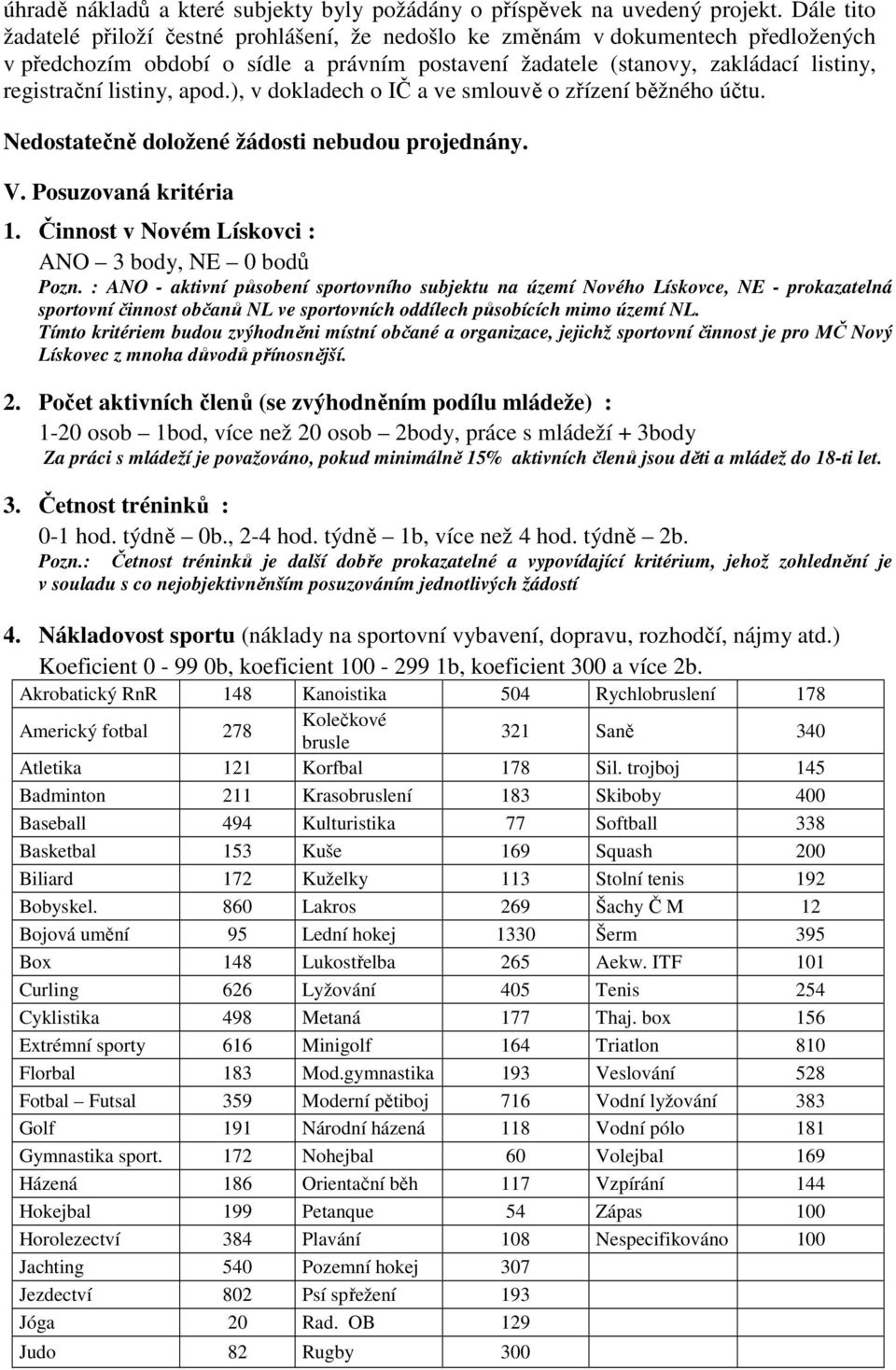 listiny, apod.), v dokladech o IČ a ve smlouvě o zřízení běžného účtu. Nedostatečně doložené žádosti nebudou projednány. V. Posuzovaná kritéria 1.