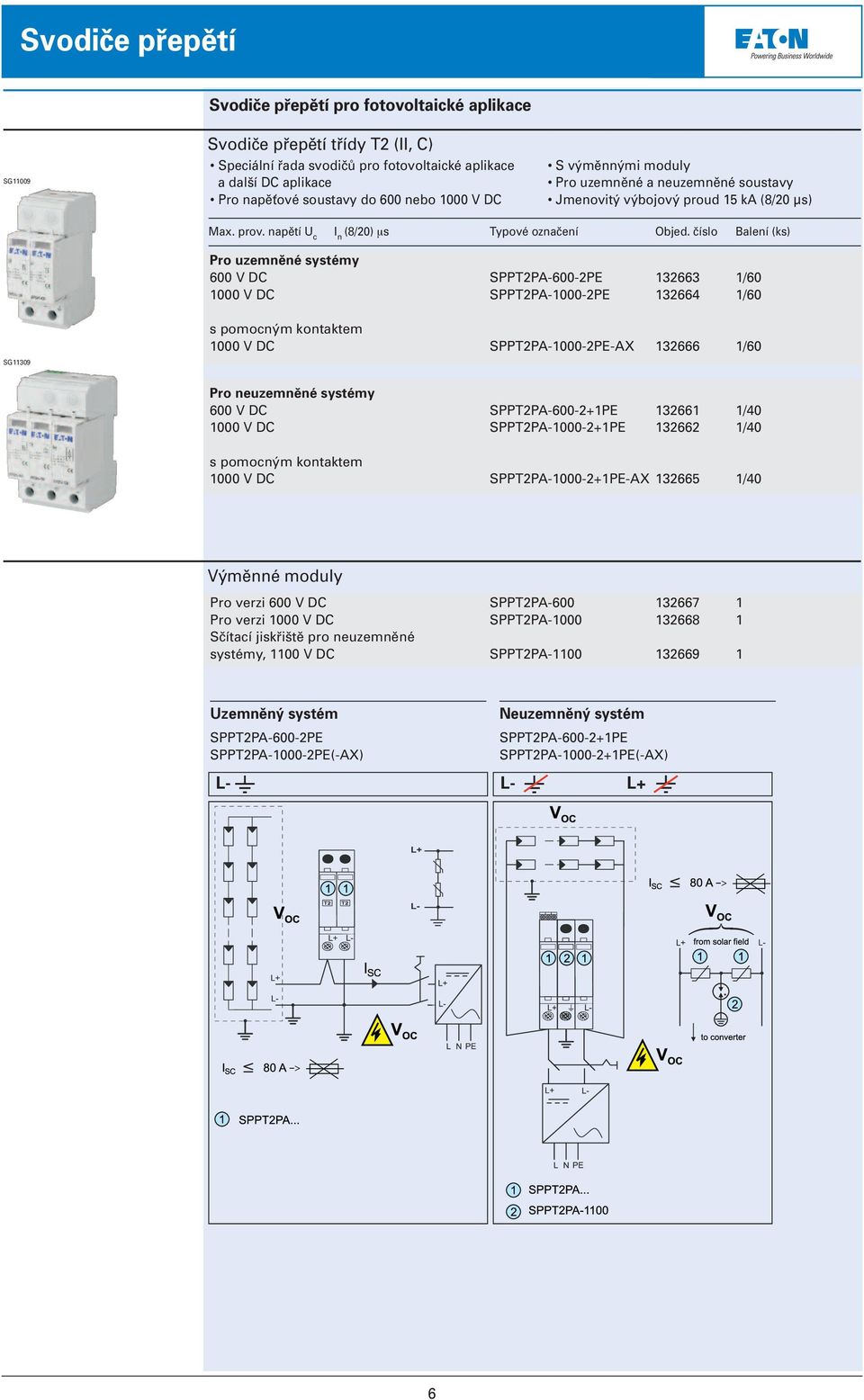 číslo Balení (ks) SG11309 Pro uzemněné systémy 600 V DC 1000 V DC s pomocným kontaktem 1000 V DC Pro neuzemněné systémy 600 V DC 1000 V DC s pomocným kontaktem 1000 V DC SPPT2PA-600-2PE 132663 1/60