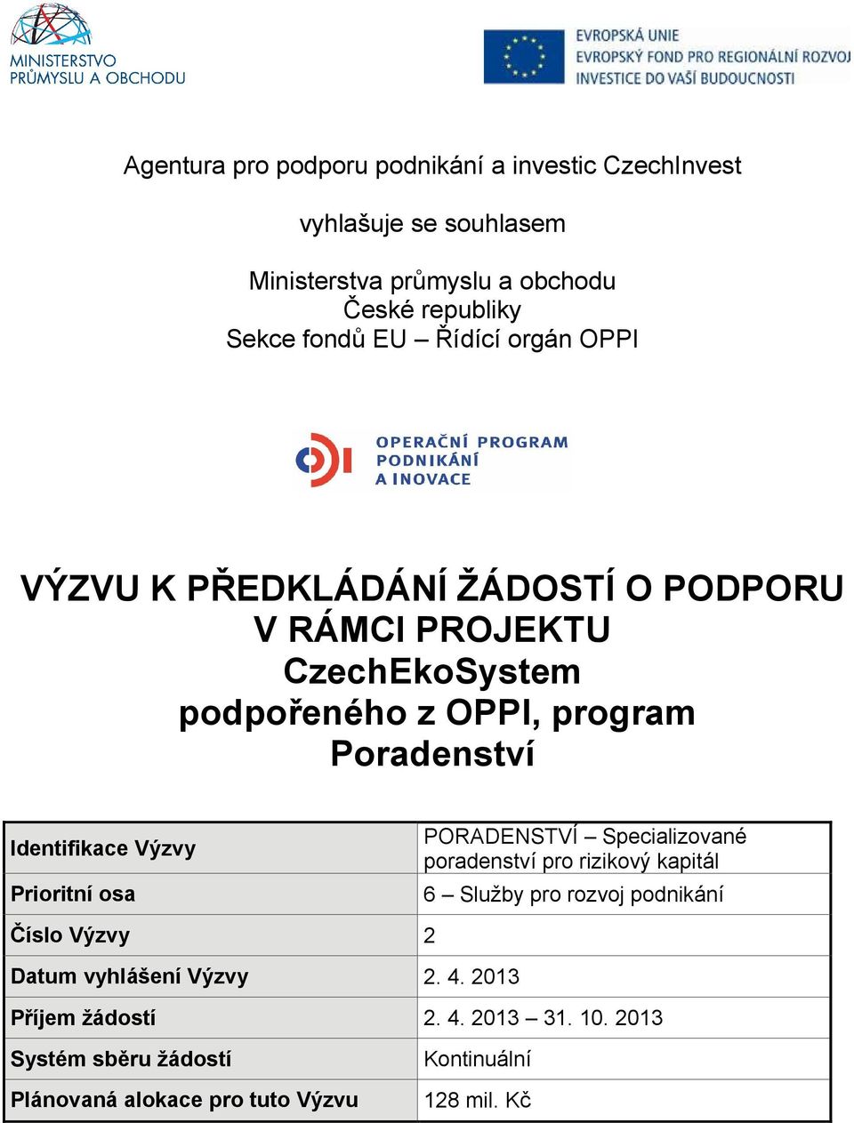 Identifikace Výzvy Prioritní osa PORADENSTVÍ Specializované poradenství pro rizikový kapitál 6 Služby pro rozvoj podnikání Číslo Výzvy 2