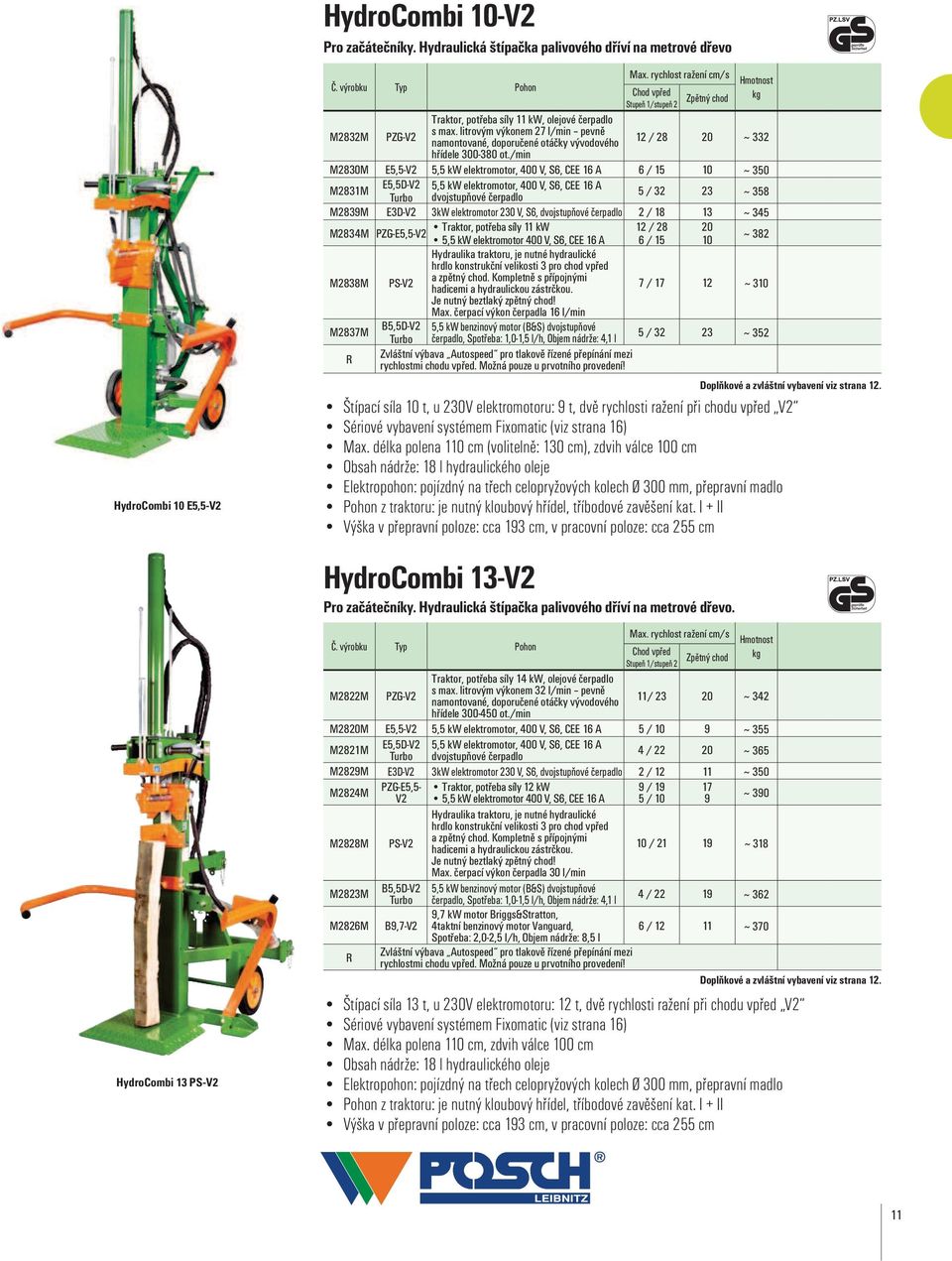 délka polena 110 cm (volitelně: 130 cm), zdvih válce 100 cm Obsah nádrže: 18 l hydraulického oleje Elektropohon: pojízdný na třech celopryžových kolech Ø 300 mm, přepravní madlo, tříbodové zavěšení