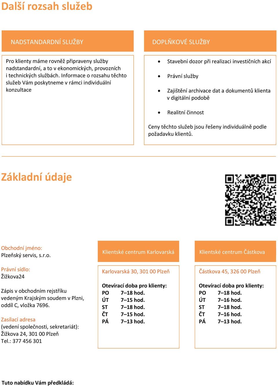 podobě Realitní činnost Ceny těchto služeb jsou řešeny individuálně podle požadavku klientů. Základní údaje Obchodní jméno: Plzeňský servis, s.r.o. Právní sídlo: Žižkova24 Zápis v obchodním rejstříku vedeným Krajským soudem v Plzni, oddíl C, vložka 7696.