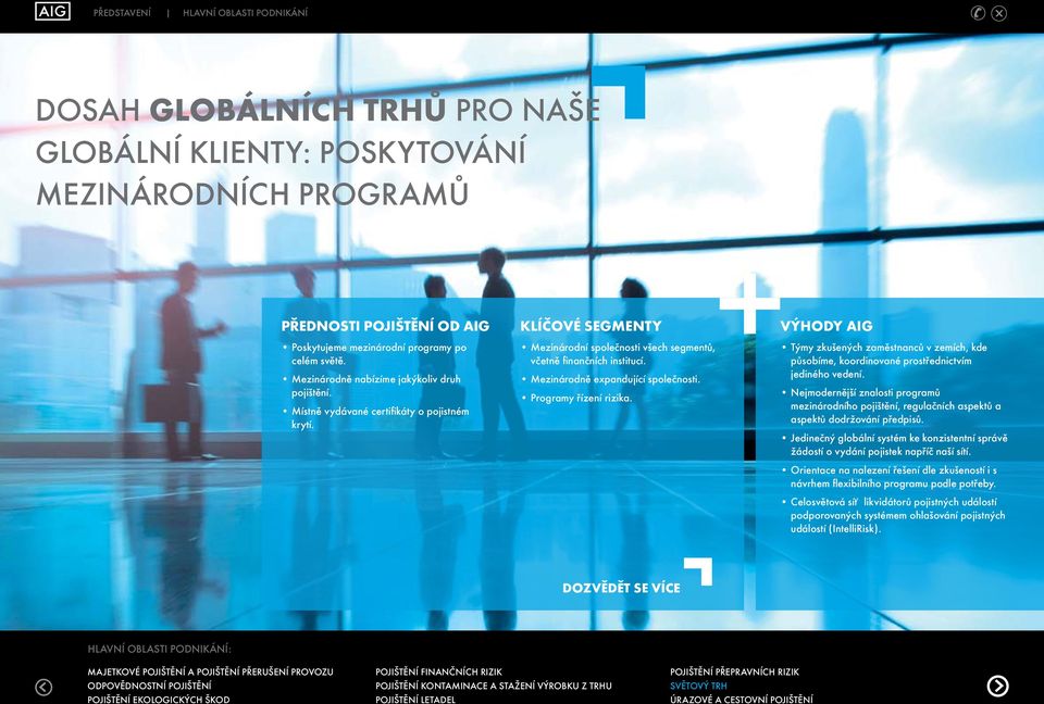 Mmezinárodně expandující společnosti. Programy řízení rizika. VÝHODY AIG Ttýmy zkušených zaměstnanců v zemích, kde působíme, koordinované prostřednictvím jediného vedení.