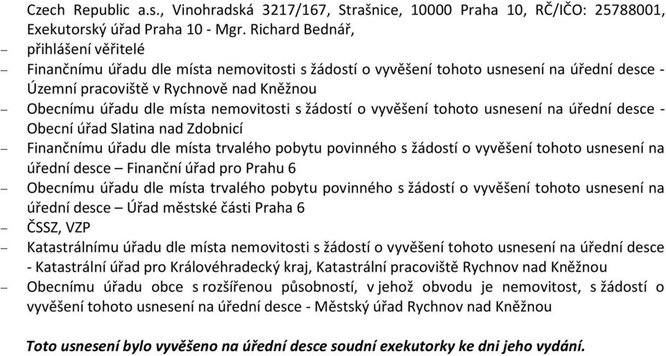 nemovitosti s žádostí o vyvěšení tohoto usnesení na úřední desce - Obecní úřad Slatina nad Zdobnicí Finančnímu úřadu dle místa trvalého pobytu povinného s žádostí o vyvěšení tohoto usnesení na úřední