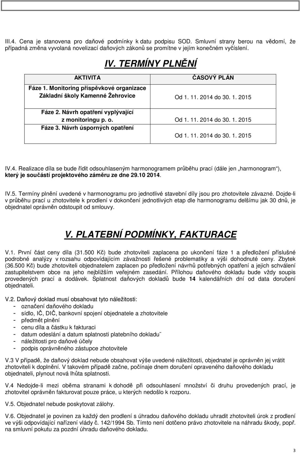 Návrh úsporných opatření Od 1. 11. 2014 do 30. 1. 2015 IV.4. Realizace díla se bude řídit odsouhlaseným harmonogramem průběhu prací (dále jen harmonogram ), který je součástí projektového záměru ze dne 29.