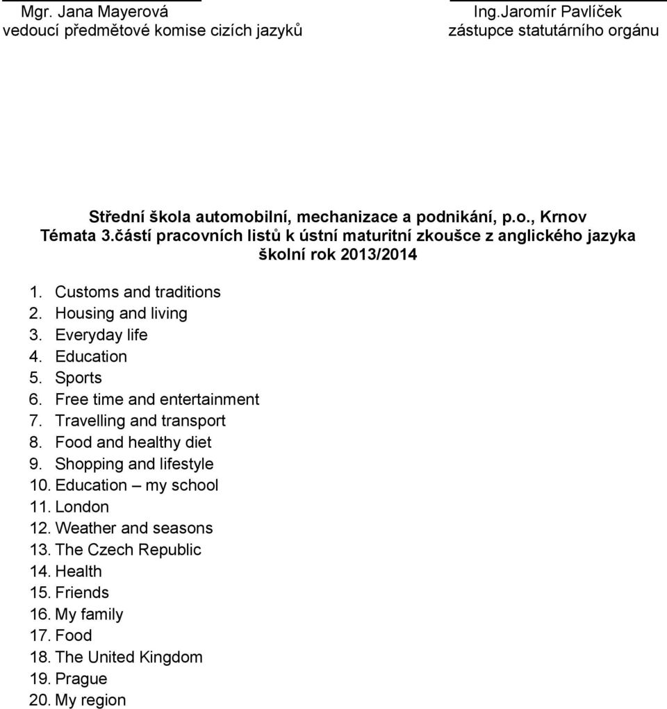 částí pracovních listů k ústní maturitní zkoušce z anglického jazyka školní rok 2013/2014 1. Customs and traditions 2. Housing and living 3. Everyday life 4.