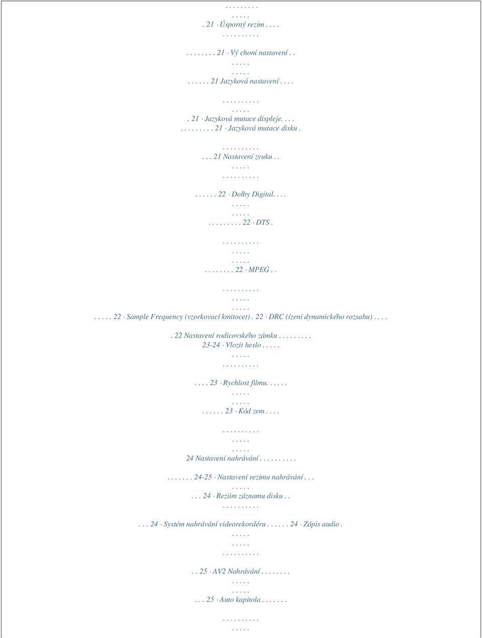 22 DRC (ízení dynamického rozsahu)..... 22 Nastavení rodicovského zámku.... 23-24 Vlozit heslo.... 23 Rychlost filmu.. 23 Kód zem.