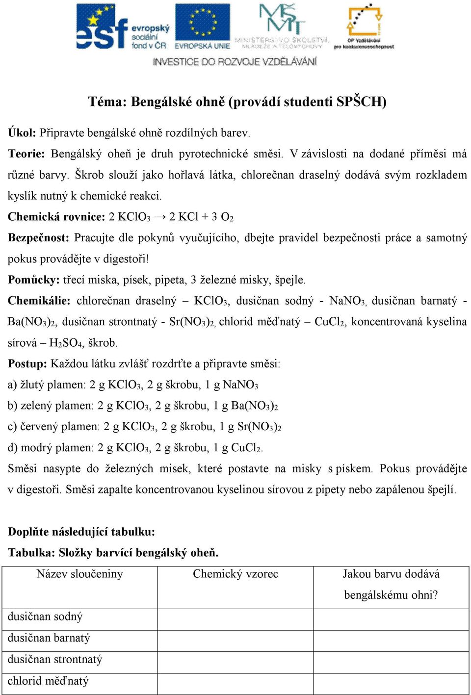 Chemická rovnice: 2 KClO3 2 KCl + 3 O2 Bezpečnost: Pracujte dle pokynů vyučujícího, dbejte pravidel bezpečnosti práce a samotný pokus provádějte v digestoři!