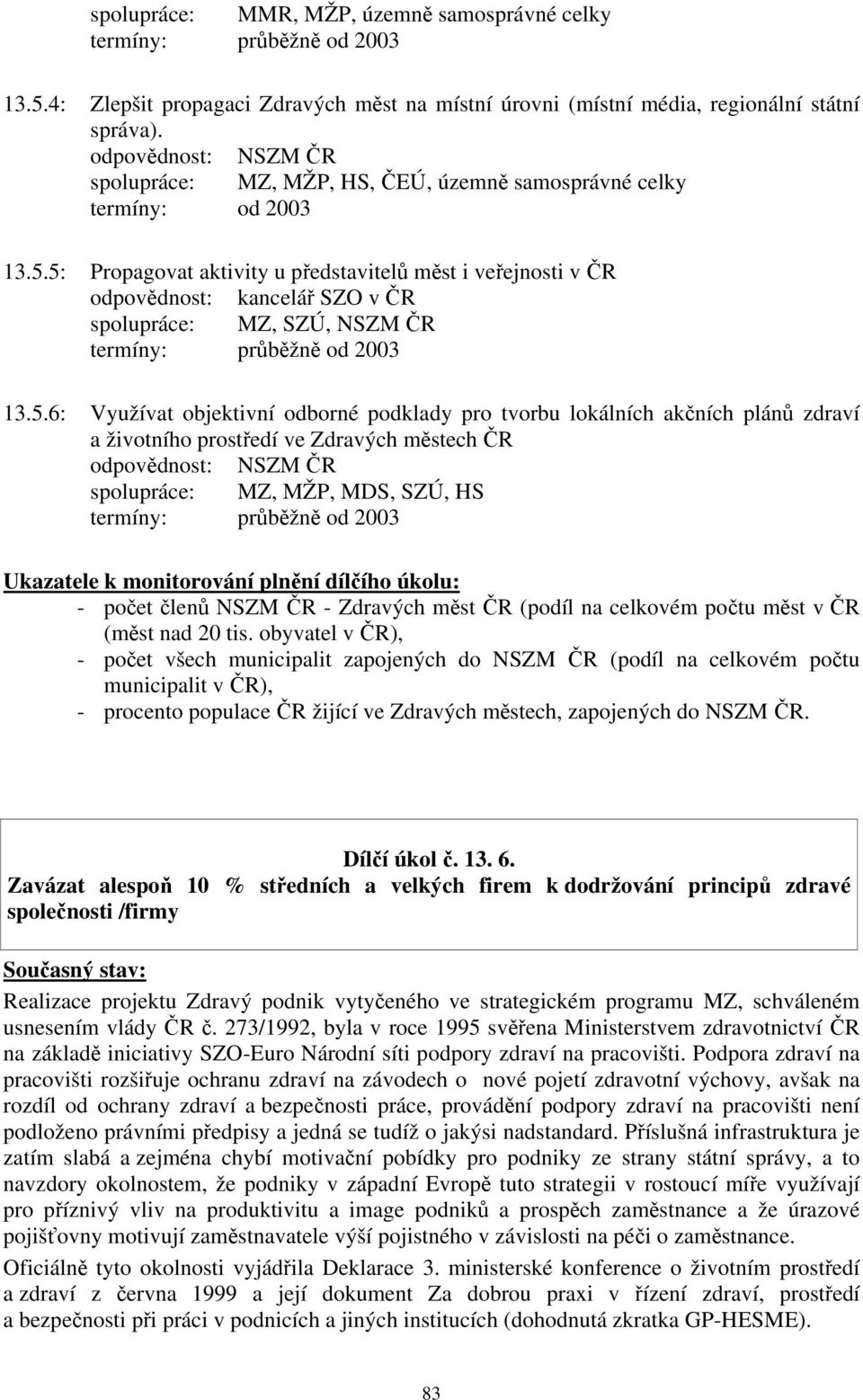 5: Propagovat aktivity u představitelů měst i veřejnosti v ČR odpovědnost: kancelář SZO v ČR MZ, SZÚ, NSZM ČR termíny: průběžně od 2003 13.5.6: Využívat objektivní odborné podklady pro tvorbu