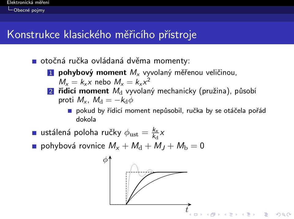 mechanicky (pružina), působí proti M x, M d = k d φ pokud by řídicí moment nepůsobil, ručka by se