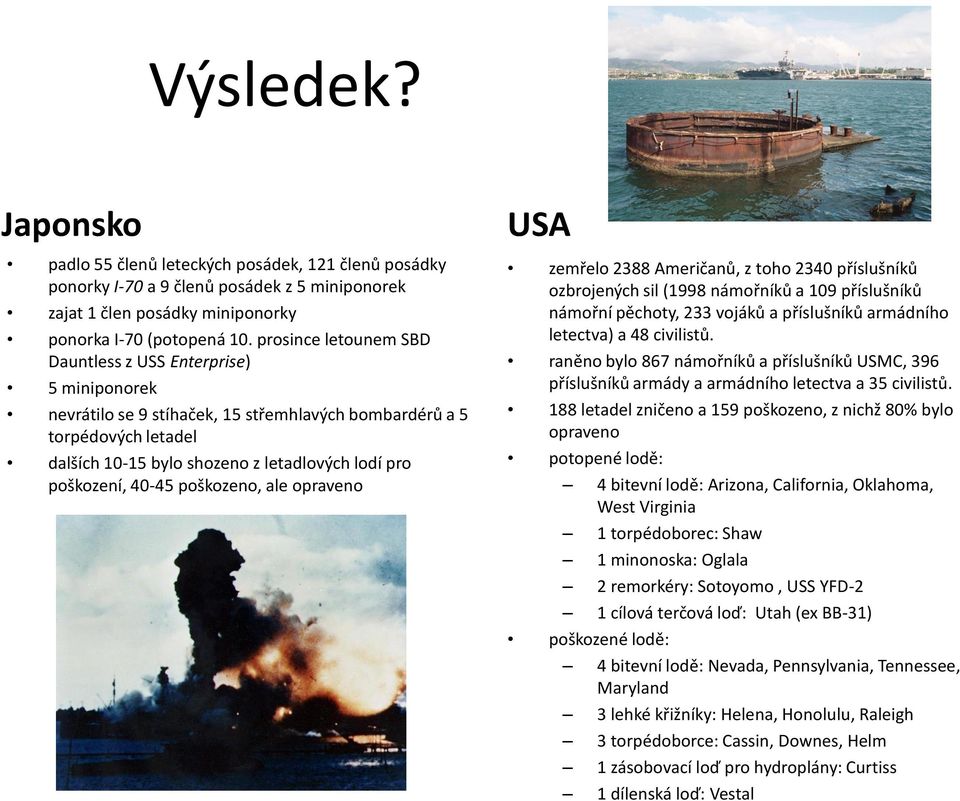 poškození, 40-45 poškozeno, ale opraveno USA zemřelo 2388 Američanů, z toho 2340 příslušníků ozbrojených sil (1998 námořníků a 109 příslušníků námořní pěchoty, 233 vojáků a příslušníků armádního