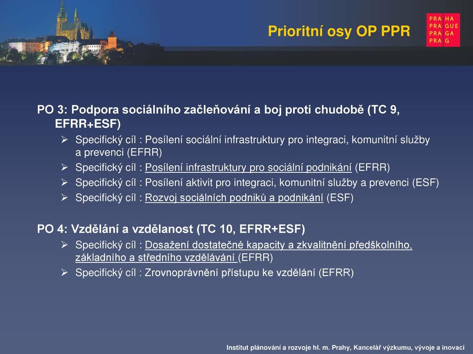 integraci, komunitní služby a prevenci (ESF) Specifický cíl : Rozvoj sociálních podniků a podnikání (ESF) PO 4: Vzdělání a vzdělanost (TC 10, EFRR+ESF)