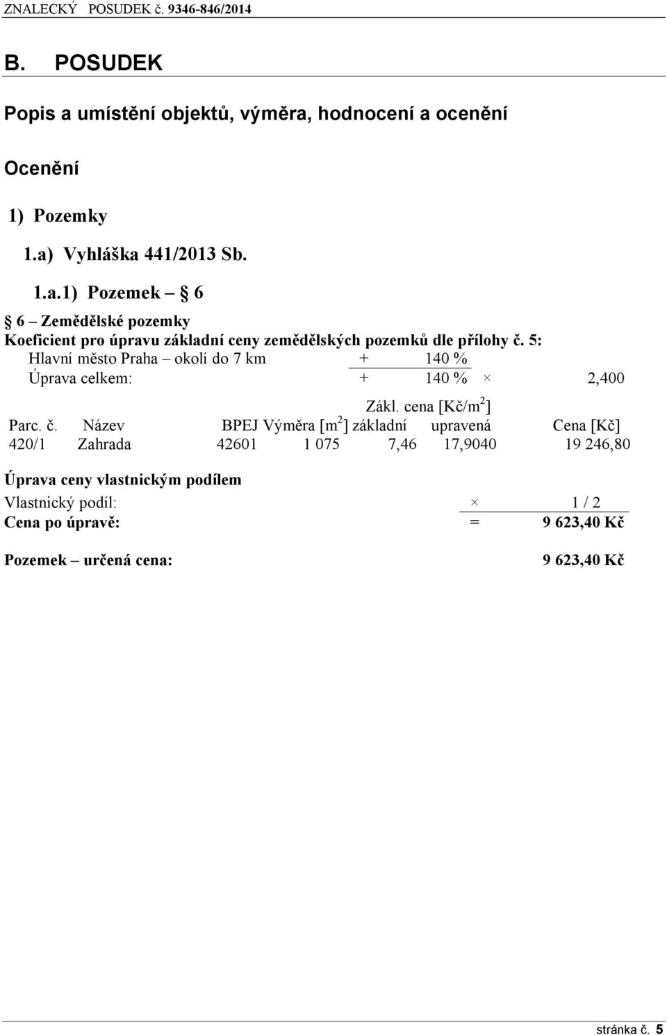 Název BPEJ Výměra [m 2 ] základní upravená Cena [Kč] 420/1 Zahrada 42601 1 075 7,46 17,9040 19 246,80 Úprava ceny vlastnickým podílem