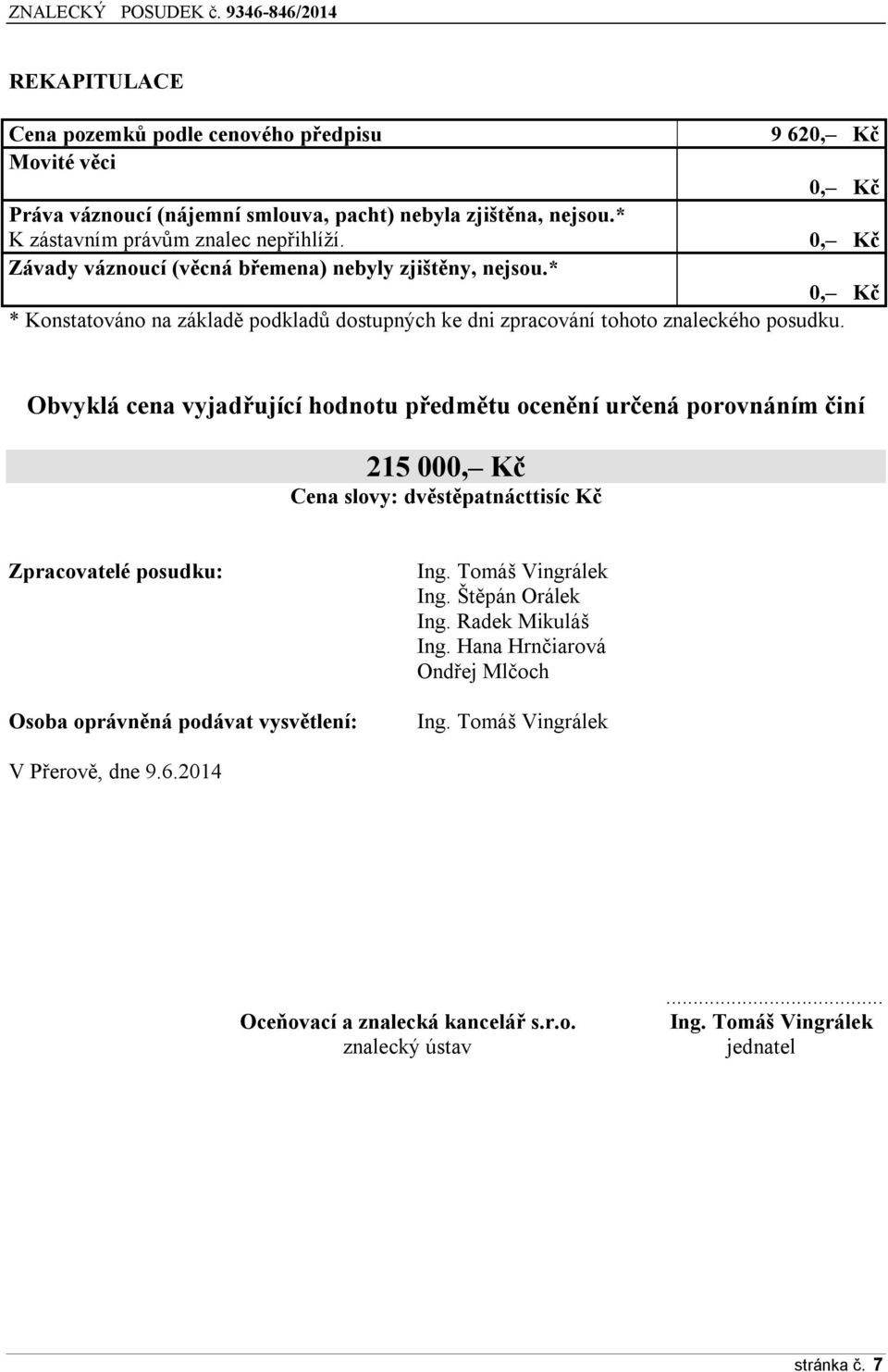 Obvyklá cena vyjadřující hodnotu předmětu ocenění určená porovnáním činí 215 000, Kč Cena slovy: dvěstěpatnácttisíc Kč Zpracovatelé posudku: Osoba oprávněná podávat vysvětlení: Ing.