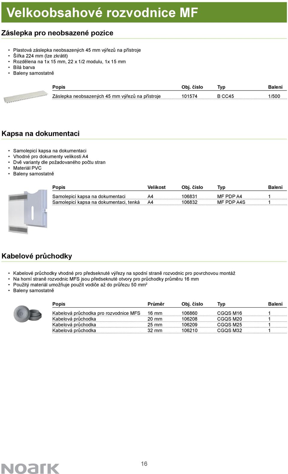 číslo Typ Balení Záslepka neobsazených 45 mm výřezů na přístroje 101574 B CC45 1/500 Kapsa na dokumentaci Samolepicí kapsa na dokumentaci Vhodné pro dokumenty velikosti A4 Dvě varianty dle