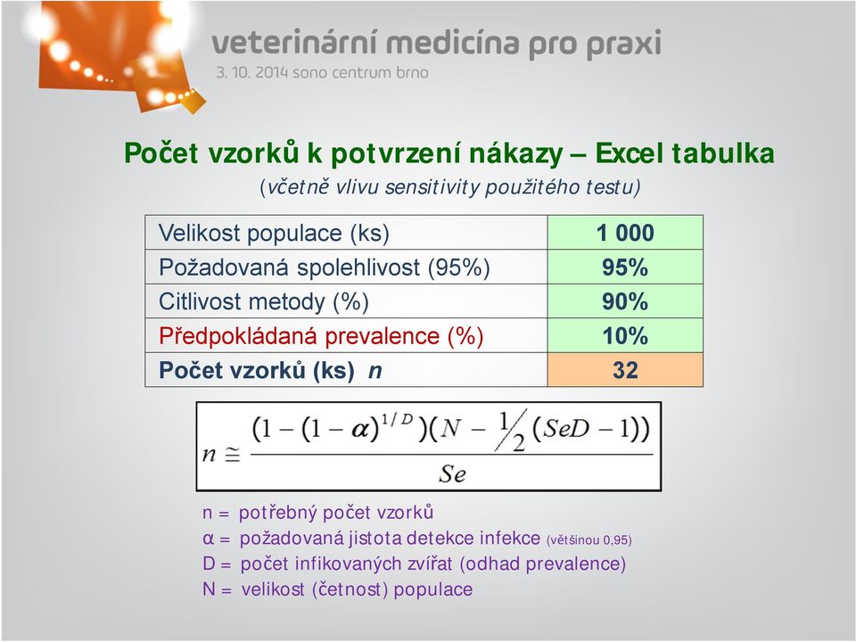 prevalence (%) 10% Počet vzorků (ks) n 32 n = potřebný počet vzorků α = požadovaná jistota detekce