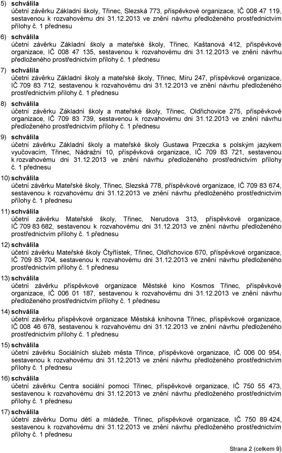 2013 ve znění návrhu 7) schválila účetní závěrku Základní školy a mateřské školy, Třinec, Míru 247, příspěvkové organizace, IČ 709 83 712,