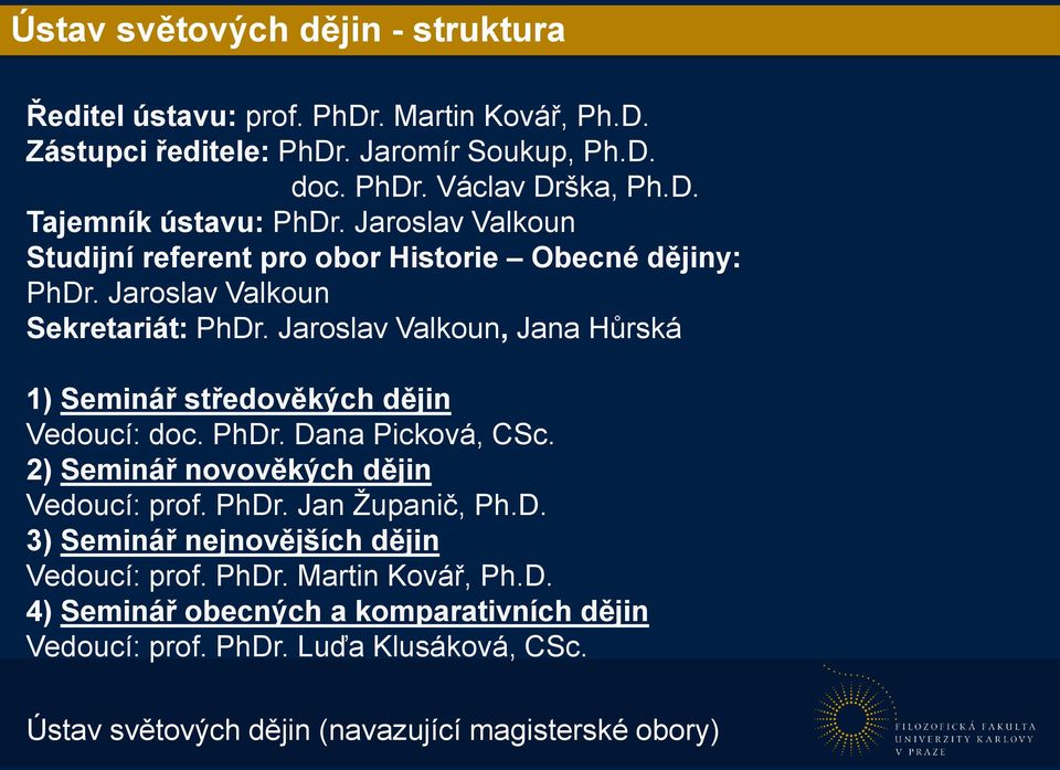 Jaroslav Valkoun, Jana Hůrská 1) Seminář středověkých dějin Vedoucí: doc. PhDr. Dana Picková, CSc. 2) Seminář novověkých dějin Vedoucí: prof. PhDr. Jan Županič, Ph.D. 3) Seminář nejnovějších dějin Vedoucí: prof.