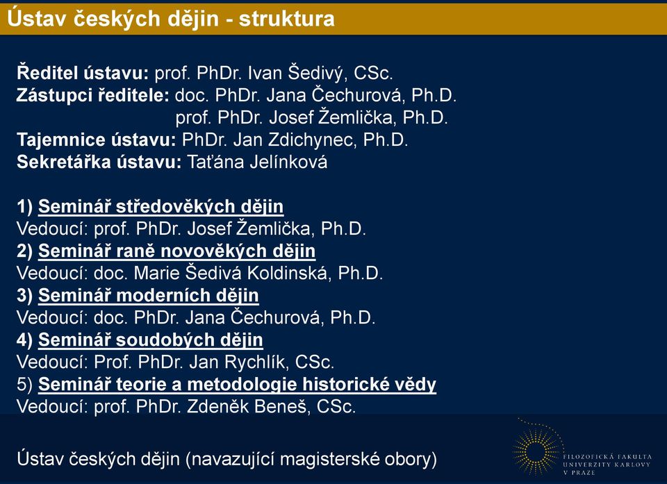 Marie Šedivá Koldinská, Ph.D. 3) Seminář moderních dějin Vedoucí: doc. PhDr. Jana Čechurová, Ph.D. 4) Seminář soudobých dějin Vedoucí: Prof. PhDr. Jan Rychlík, CSc.