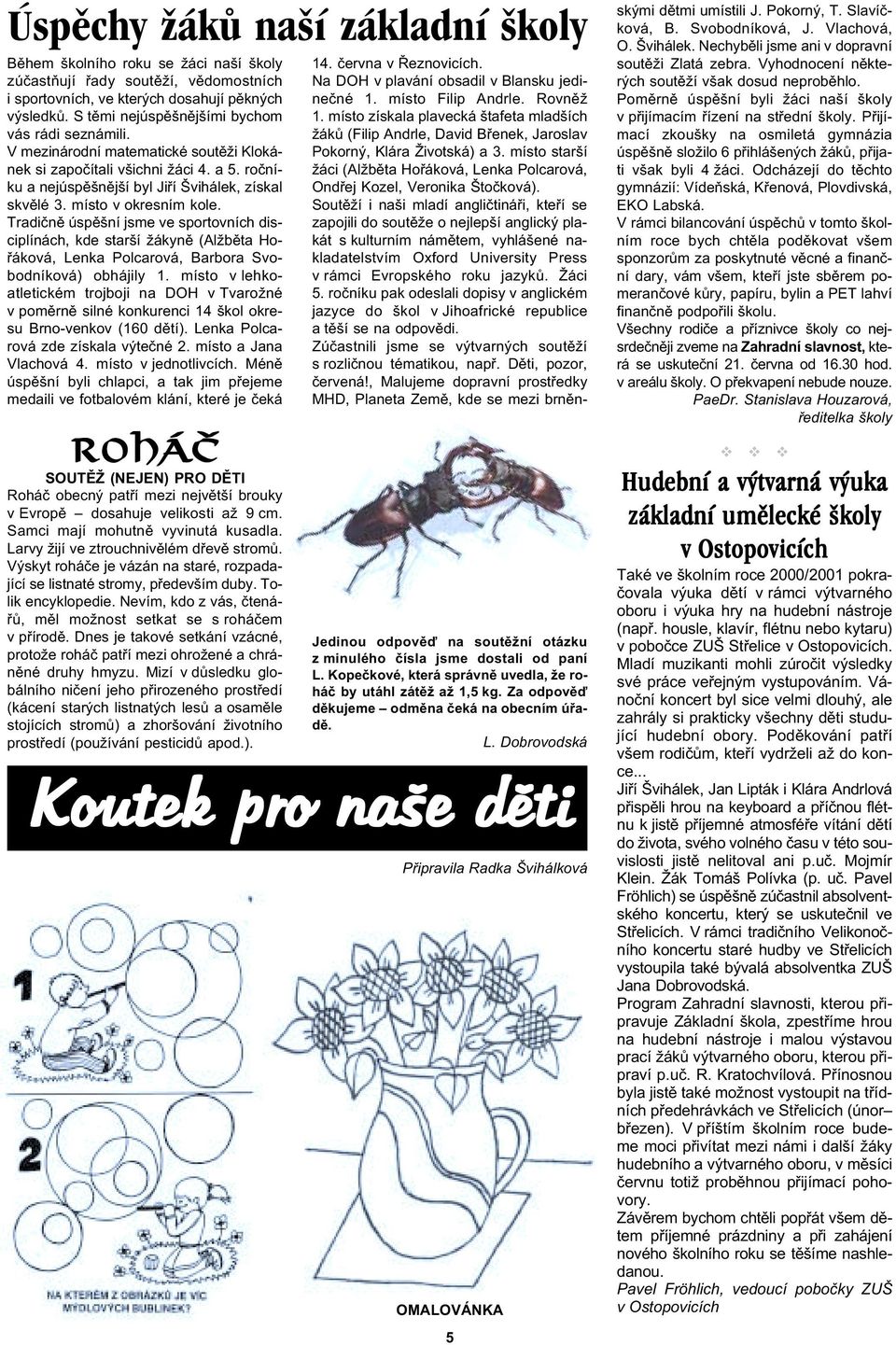 místo v okresním kole. Tradiènì úspìšní jsme ve sportovních disciplínách, kde starší žákynì (Alžbìta Hoøáková, Lenka Polcarová, Barbora Svobodníková) obhájily 1.
