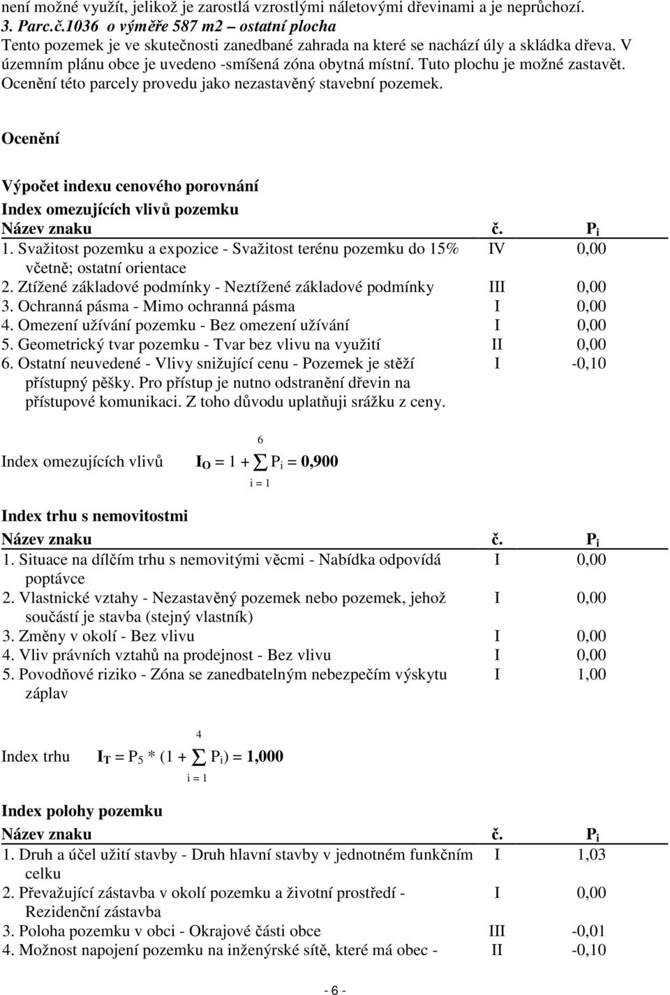 Tuto plochu je možné zastavět. Ocenění této parcely provedu jako nezastavěný stavební pozemek. Ocenění Výpočet indexu cenového porovnání Index omezujících vlivů pozemku Název znaku č. P i 1.