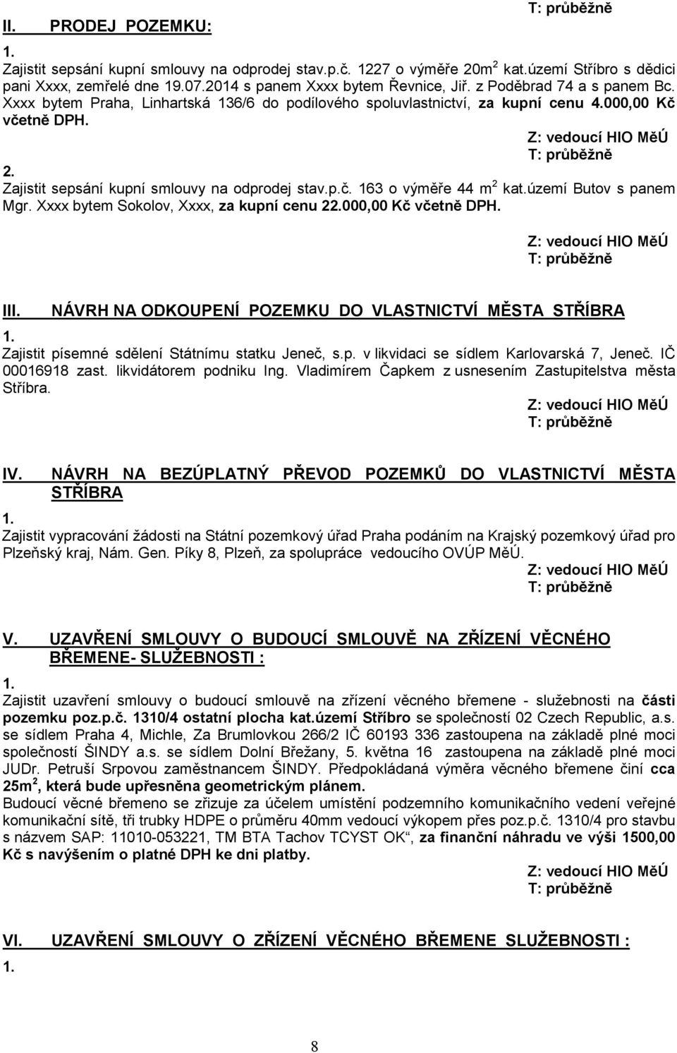 území Butov s panem Mgr. Xxxx bytem Sokolov, Xxxx, za kupní cenu 2000,00 Kč včetně DPH. III. NÁVRH NA ODKOUPENÍ POZEMKU DO VLASTNICTVÍ MĚSTA STŘÍBRA Zajistit písemné sdělení Státnímu statku Jeneč, s.