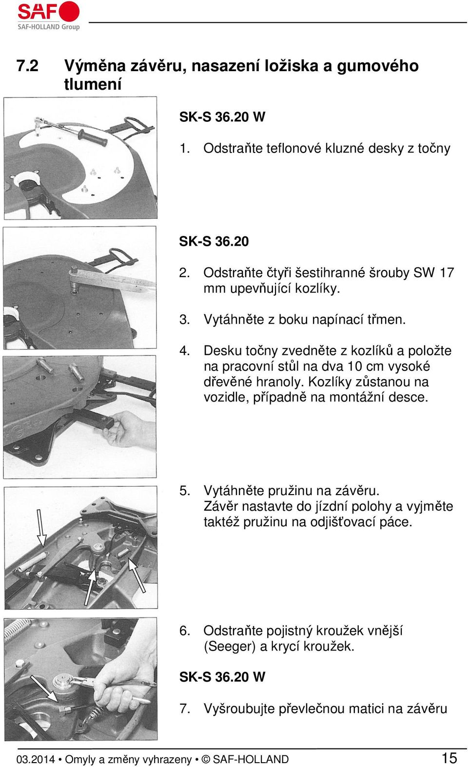 Desku točny zvedněte z kozlíků a položte na pracovní stůl na dva 10 cm vysoké dřevěné hranoly. Kozlíky zůstanou na vozidle, případně na montážní desce. 5.