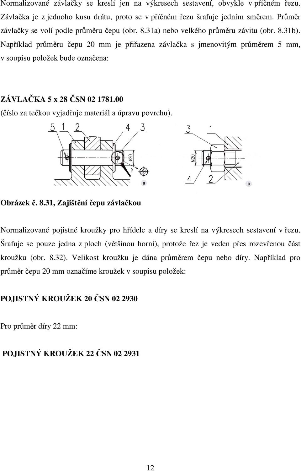 Například průměru čepu 20 mm je přiřazena závlačka s jmenovitým průměrem 5 mm, v soupisu položek bude označena: ZÁVLAČKA 5 x 28 ČSN 02 1781.00 (číslo za tečkou vyjadřuje materiál a úpravu povrchu).