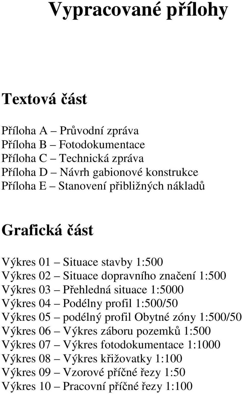 Výkres 03 Přehledná situace 1:5000 Výkres 04 Podélny profil 1:500/50 Výkres 05 podélný profil Obytné zóny 1:500/50 Výkres 06 Výkres záboru