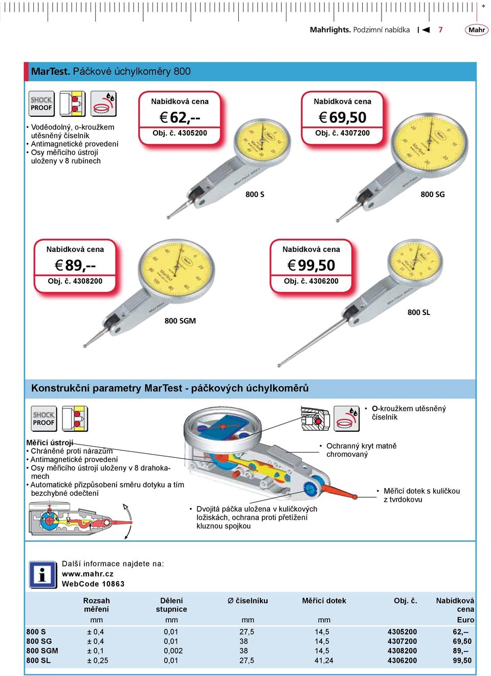 4306200 800 SGM 800 SL Konstrukční parametry MarTest - páčkových úchylkoměrů SHOCK PROOF O-kroužkem utěsněný číselník Měřicí ústrojí Chráněné proti nárazům Antimagnetické provedení Osy měřicího