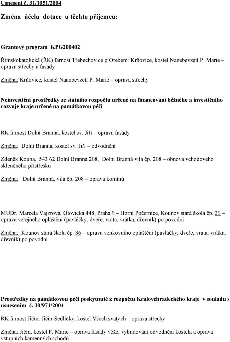 Marie oprava střechy Neinvestiční prostředky ze státního rozpočtu určené na financování běžného a investičního rozvoje kraje určené na památkovou péči ŘK farnost Dolní Branná, kostel sv.