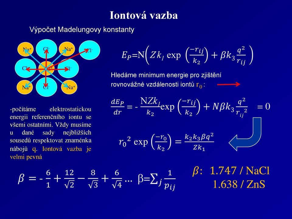 Iontová vazba je velmi pevná Iontová vazba E P =N Z k 1 exp rij q + βk 2 k 3 2 de P β = - 6 1 + 12 2 8 3 + 6 4 Hledáme