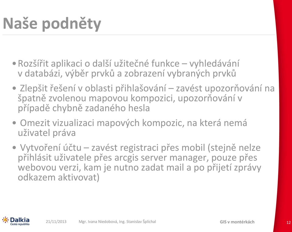 hesla Omezit vizualizaci mapových kompozic, na která nemá uživatel práva Vytvoření účtu zavést registraci přes mobil (stejně nelze