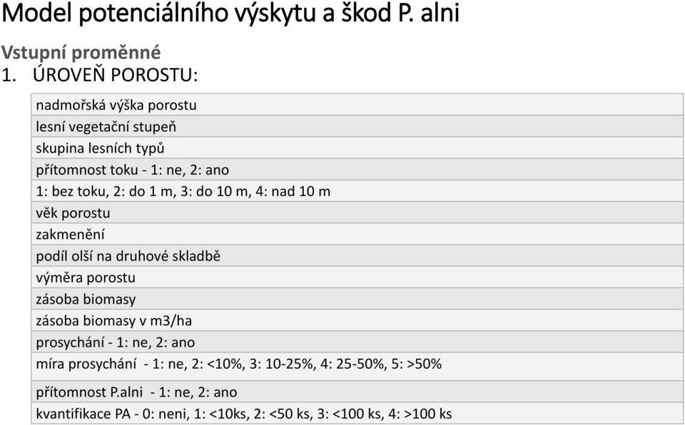 do 1 m, 3: do 10 m, 4: nad 10 m věk porostu zakmenění podíl olší na druhové skladbě výměra porostu zásoba biomasy zásoba biomasy v