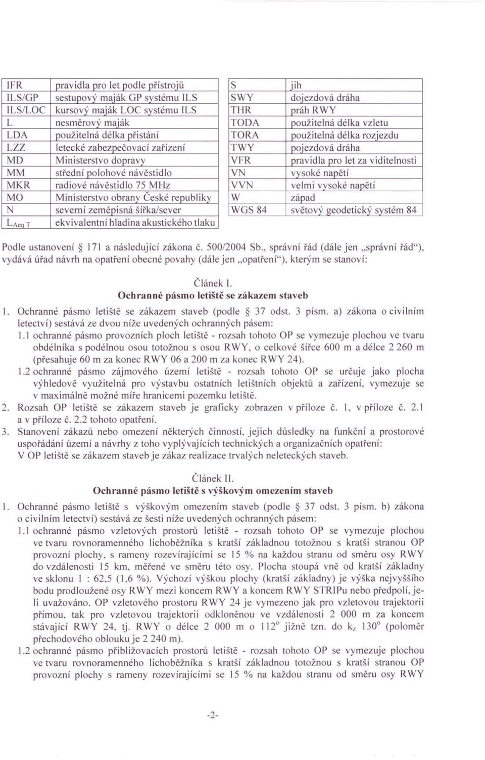 S iih SWY dojezdová dráha THR práh RWY TOOA použitelná délka vzletu TORA použitelná délka rozjezdu TWY pojezdová dráha VFR pravidla pro let za viditelnosti VN vysoké napětí VVN velmi vysoké napětí W